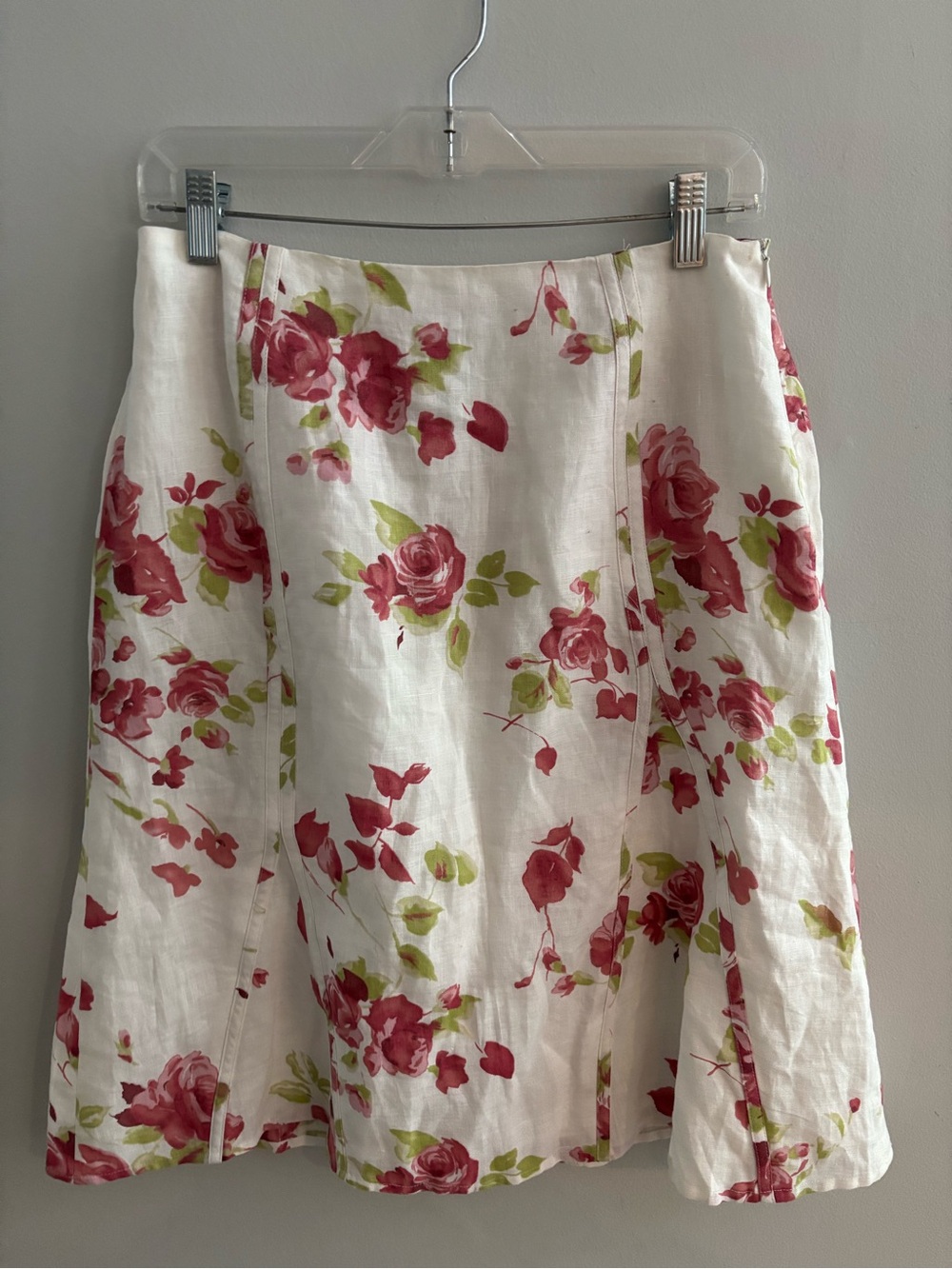 Deane & White Floral 100% Linen A-Line Paneled Midi Skirt Pink Red Roses Size 6
